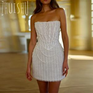 ZHUISHU 럭셔리 짧은 웨딩 드레스 2025 진주 구슬 장식 Strapless 오픈 백 파티 드레스 맞춤형 미니 Vestidos De Novia Boda
