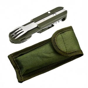 7 in 1 캠핑 장비 휴대용 스테인레스 스틸 스푼 포크 나이프와 병따개 조합 세트 여행, 배낭 스타일 식기