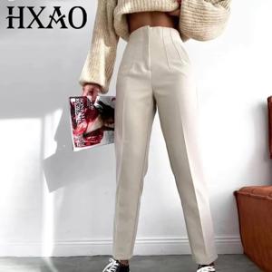 HXAO 오피스웨어 여성용 정장 바지 플리츠 하이웨이스트 팬츠 여성 캐주얼 화이트 크롭 팬츠 블랙핑크 여성 바지