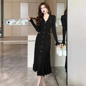 가을 여성용 솔리드 니트 원피스, 싱글 브레스티드 시크 플레어 슬리브 러플 밑단 캐주얼 여성 오피스 엘레강스 로브