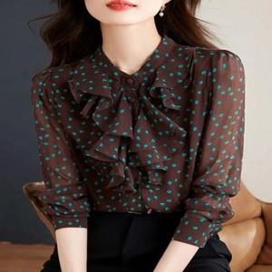 여성용 우아한 긴 소매 쉬폰 셔츠, 포켓 디테일과 물방울 무늬 레이스 밑단, 가을 신상, 다용도, 고품질