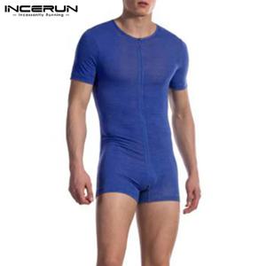 INCERUN 2024 남성 잠옷 Rompers 솔리드 ​​반소매 V 넥 지퍼 아늑한 잠옷 Playsuits 피트니스 레저 남성 Jumpsuit Homewear