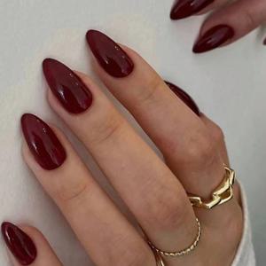 24 개/대 간단한 와인 레드 가짜 손톱 손톱에 중간 길이 아몬드 프레스 아트 웨어러블 라운드 헤드 타원형 풀 커버 틀린 손톱 팁