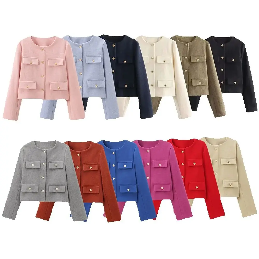 겨울 신상품 여성 패션 및 캐주얼 다용도 라운드 넥 플립 장식 숏 수트 코트