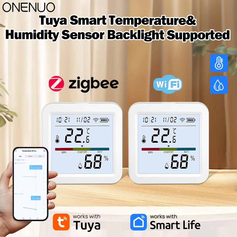 Tuya 스마트 온도 습도 센서 WiFi/Zigbee 백라이트 실내 습도계 온도계 Alexa Google을 통한 음성 제어