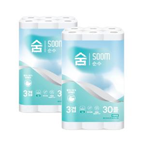 [빠른배송] 100% 천연펄프 무형광 숨 순수 3겹 20m 30롤 1 + 1 화장지 휴지 두루마리