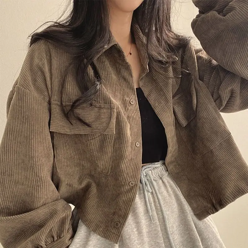 짧은 블랙 코듀로이 가디건 여성용 봄 가을 신상품 한국어 버전 통근 바람막이 루즈핏 긴팔 폴로 칼라