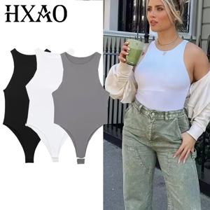 HXAO 여성용 민소매 화이트 바디수트 여름 홀터넥 블랙 롬퍼 타이츠 여성용 숏 플레이수트 란제리 끈 팬티 여성용