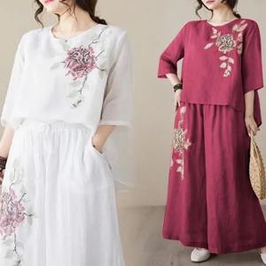 레트로 자수 코튼 린넨 세트 여성 여름 캐주얼 루즈핏 팬츠 얇은 슬림핏 투피스 세트 편안하고 통기성 좋은