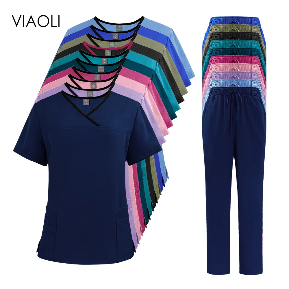 솔리드 컬러 통기성 간호 스크럽 여성 유니폼 탄력 애완 동물 클리닉 간호사 작업복 의료 의사 얇은 의류 도매