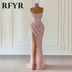 RFYR 반짝이는 핑크 이브닝 드레스, 반짝이는 인어 무도회 원피스, 얇은 목 민소매 플리츠, 섹시한 사이드 스플릿 파티 원피스, 맞춤형