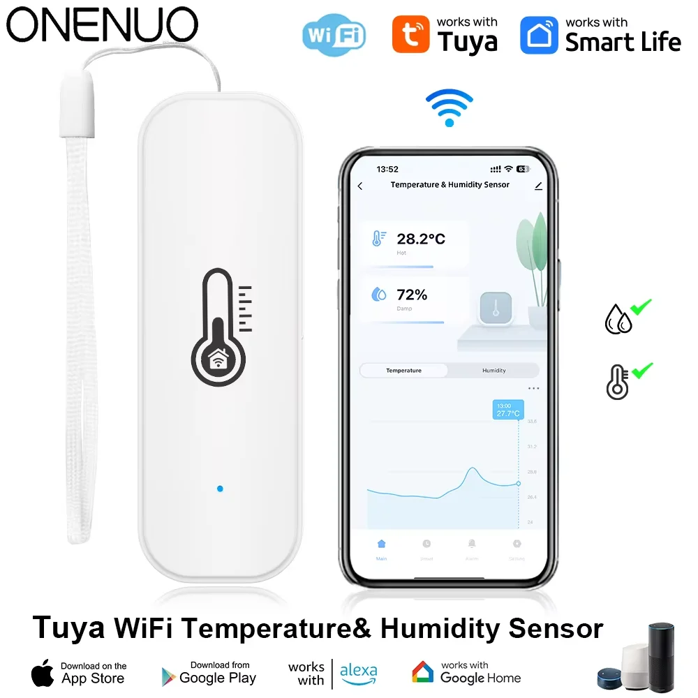 Tuya 와이파이 온도 및 습도 센서, 실내 습도 센서, 배터리 구동 앱 모니터링, 알렉사 구글 홈 음성용