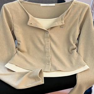 유니크한 디자인감의 가짜 투피스 긴팔티셔츠 여자 2024 초가을 신상 빅사이즈 여자 슬림 레깅스 상의