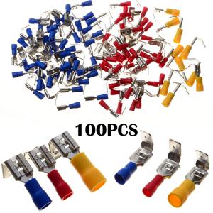 100 개/대 피기 백 스페이드 터미네이터 절연 버트 커넥터 압착 전기 터미널 10-22AWG 빨간색 파란색 노란색