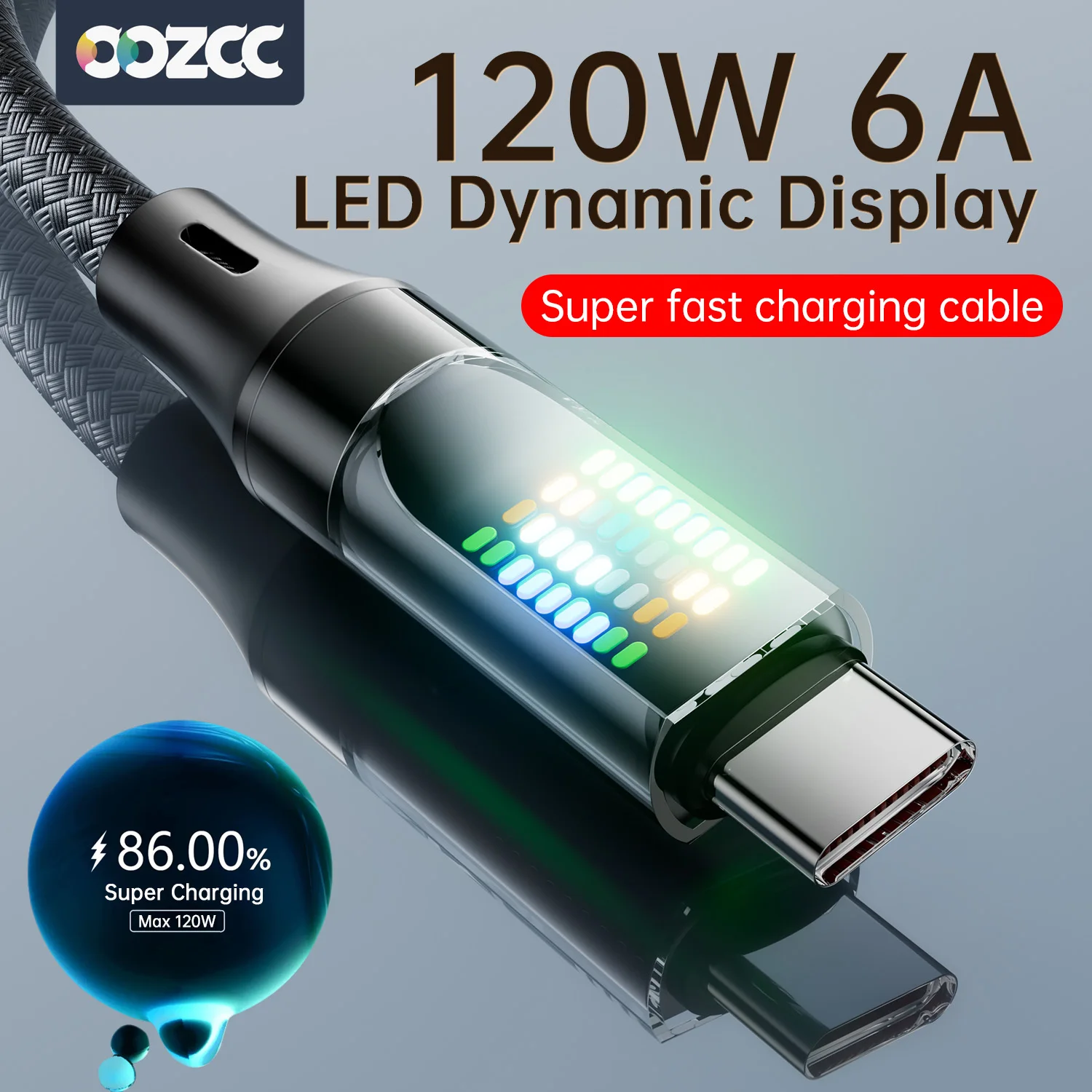 OOZCC 120W 유형 C 고속 충전 케이블 6A USBA-유형 C 나일론 데이터 코드, Xiaomi 삼성, Led 디스플레이 USB C 케이블 포함