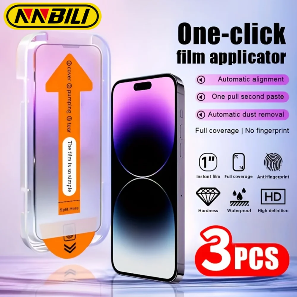 NNBILI 3개입 무진 설치 강화유리 아이폰 13 14 16 15 11 12 17 Pro Max 17Air 15 16 14 Plus X 스크린 보호필름