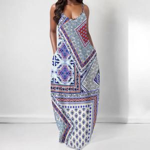 Boho 패치워크 에스닉 프린트 스파게티 스트랩 맥시 드레스 여성용 비치 홀리데이 의상