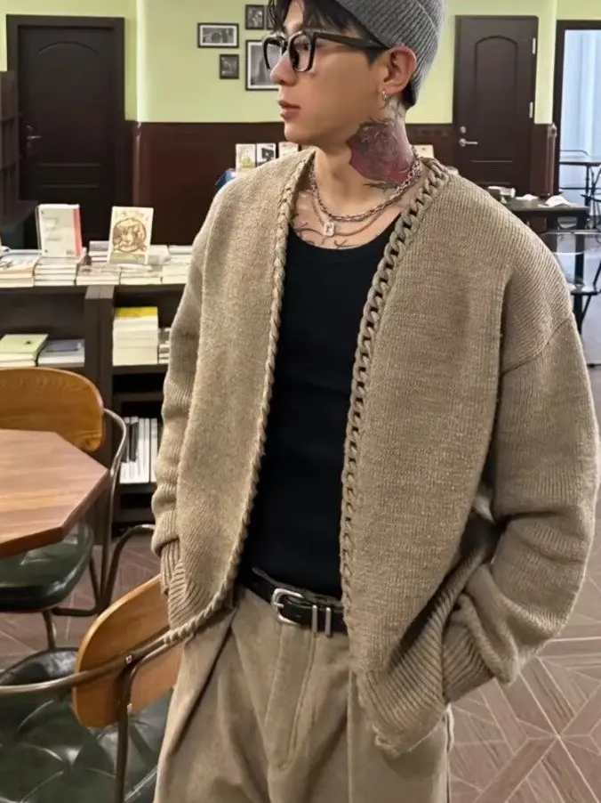 미국 레트로 니트 체인 스웨터 남성 캐주얼 카키색 가을 겨울 오픈 가디건 아우터웨어 루즈핏 긴팔 브이넥