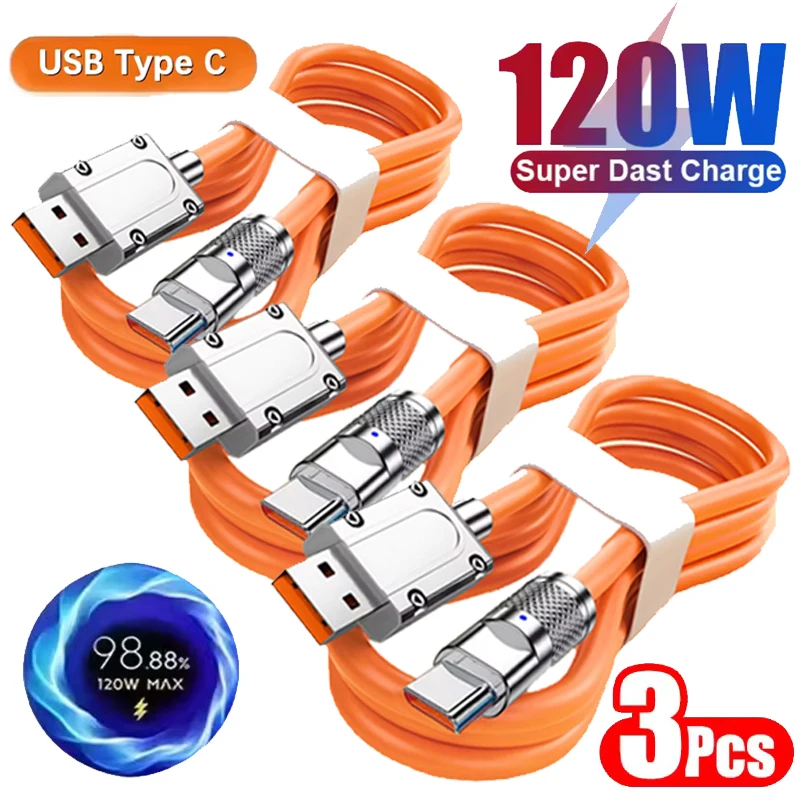 3PCS 120W 초고속 충전 타입-C 액상 실리콘 케이블 고속 충전 USB C 라인 샤오미 화웨이 삼성 USB 휴대폰 데이터 케이블