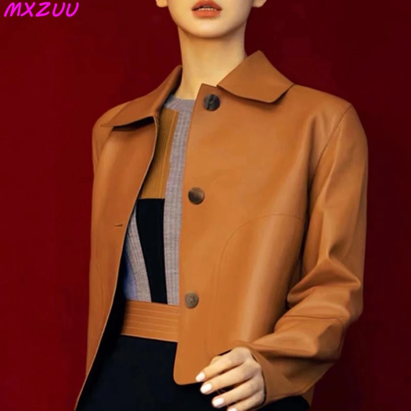 여성용 양가죽 짧은 탑 하라주쿠 패션 Jassen Dames Slim Jaqueta De Couro Legítimo 스퀘어 칼라 트렌디 스트리트웨어 코트