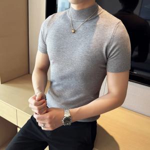 7 색 하프 하이 칼라 남성 스웨터 2022 가을 새로운 짧은 소매 솔리드 컬러 스웨터 T 셔츠 슬림 피트 니트 풀오버 옴므