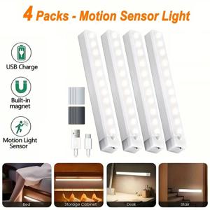 USB 유형 C 충전식 모션 센서 LED 바 조명 유도 야간 조명 휴대용 주방 침대 옆 옷장 옷장 통로