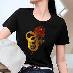 한국어 스타일 여성 반짝이 티셔츠 럭셔리 라인 석 인쇄 여름 빈티지 다이아몬드 티 통기성 코튼 숙녀 패션상의