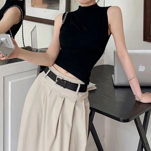 [ABC0394]여성용 여름 하이넥 크롭 탑 슬림핏 무슬리스 티 당일발송