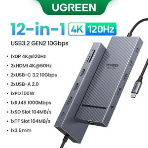 UGREEN 12-in-1 USB 허브 Type-C to 2HDMI 4K120Hz DP USB3.2 10Gbps SD/TF RJ45 PD100W 맥북 델 HP 노트북 액세서리 도킹 스테이션