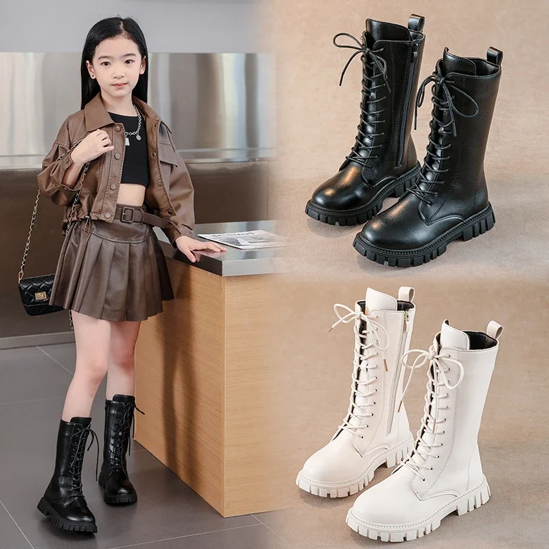 우아한 지퍼 아기 소녀 패션 부츠 가을/겨울 따뜻한 두꺼운 단독 라운드 캐주얼 레이스 업 편안한 어린이 미드솔 부츠