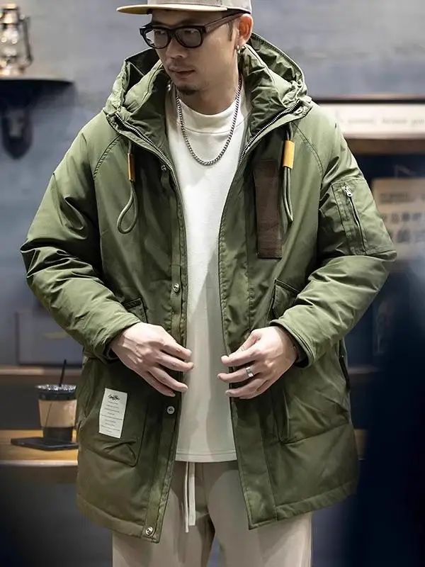 아메리칸 스타일 남성용 다운 재킷 파카 겨울 작업복 윈드브레이커 중간 길이 후드 밀리터리 코트 아우터웨어 청년 패션