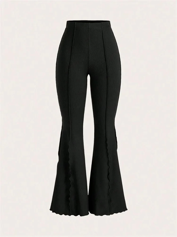 여성용 상추 트림 신축성 플레어 팬츠, 용수철 가을 겨울 캐주얼 리브 니트 슬림핏 바지, 레깅스 스트리트웨어