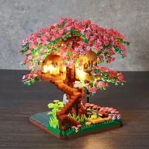LED 조명이 있는 벚꽃 마이크로 블록 - 벚꽃 나무집 모델, 3D 로맨틱 야간 조명 장식, 그녀를 위한 사려 깊은 선물