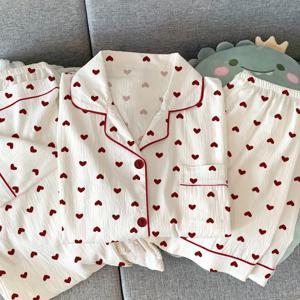 여성 여름 잠옷 3 피스 세트 레저 잠옷 반팔 옷깃 스위트 하트 프린트 Homewear 여성 Loose Loungewear