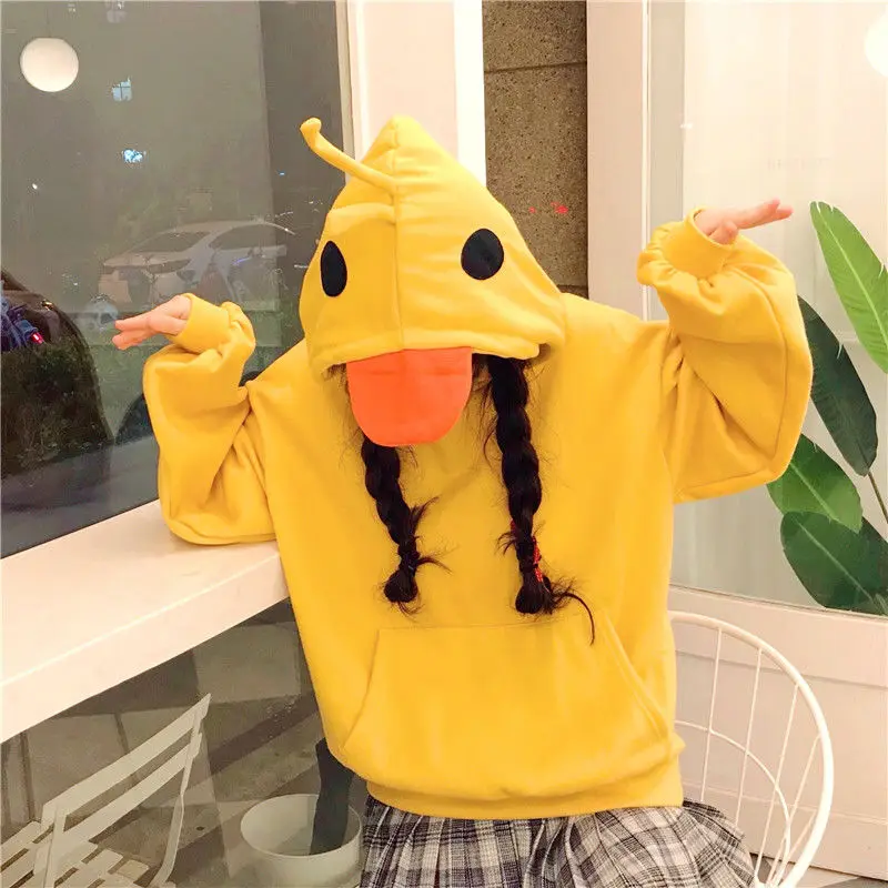 Deeptown Kawaii Duck 후드 티 여성 긴 소매 귀여운 탑 Emo 의류 한국어 2023 패션 겨울 노란색 캐주얼 풀오버 부드러운 소녀