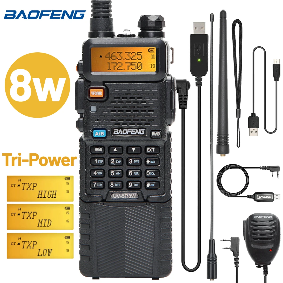 Baofeng UV-5R 8W 3800 워키 토키 트라이 파워 듀얼 밴드 VHF UHF 휴대용 장거리 고출력 핸드 헬드 CB 햄 양방향 라디오