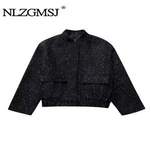 Nlzgmsj 여성 반짝 이는 스팽글 자켓 Y2k 골드 컬러 스탠드 칼라 긴 소매 짧은 코트 가을 겨울 숙녀 높은 streetwear