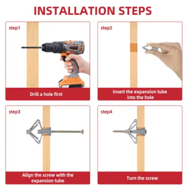 100개 드라이월 앵커 키트 중공벽 앵커 석고보드 플러그 나사 버터플라이 확장 튜브 파이프 50세트