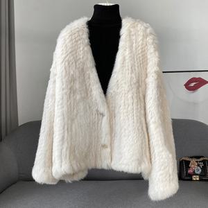 모피 의류 여성 렉스 토끼 모피 양면 짠 자켓 Feminino v 넥 인기 카디건 코트 섹시한 오프 화이트 Manteau Femme