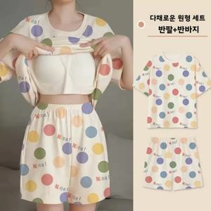 여성 여름 반팔 잠옷 세트 (가슴 패드 포함) 홈웨어 반바지 세트 스윗 고급스러운 캐주얼룩