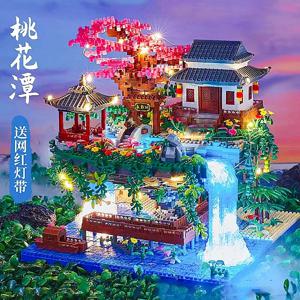 3320 Pcs 트리 하우스 미니 다이아몬드 블록 입자 복숭아 꽃 풀 전통적인 빛 중국 건축 빌딩 블록