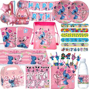 디즈니 핑크 릴로 & 스티치 생일 장식 식기 세트 컵 플레이트 냅킨 풍선 장식 어린이 베이비 샤워 파티 용품