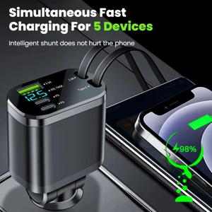 고속 충전 5 in 1 리트랙터블 차량용 충전기 고속 충전 USB 타입 C 차량용 충전기, 리트랙터블 코드 케이블 포함 어댑터