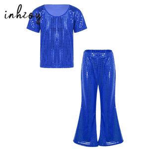 남아 여아 힙합 재즈 스트리트 댄스 의상, 반짝이는 스팽글, 탄성 허리띠 바지, 티셔츠 탑 세트, 공연 코스튬