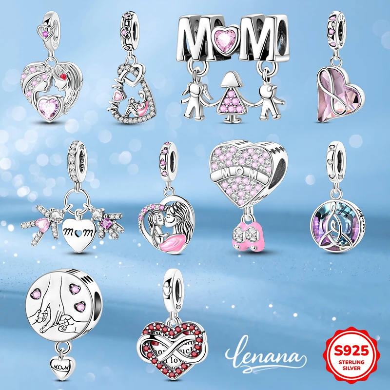 어머니의 날 925 실버 사랑 엄마 핑크 하트 매력에 맞게 원래 팔찌 목걸이 여성을위한 DIY 구슬 보석 만들기 선물