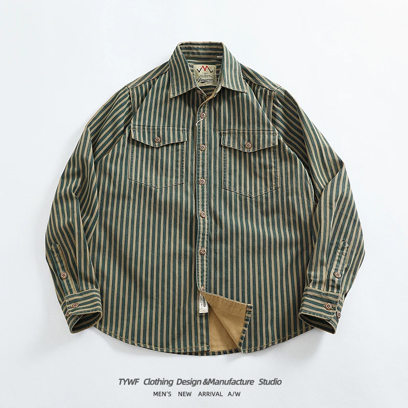 레트로 워싱 디스트레스드 블루 세로 스트라이프 트렌디 데님 셔츠 남성용 루즈핏 아메리칸 롱 슬리브 워크웨어 셔츠 코트