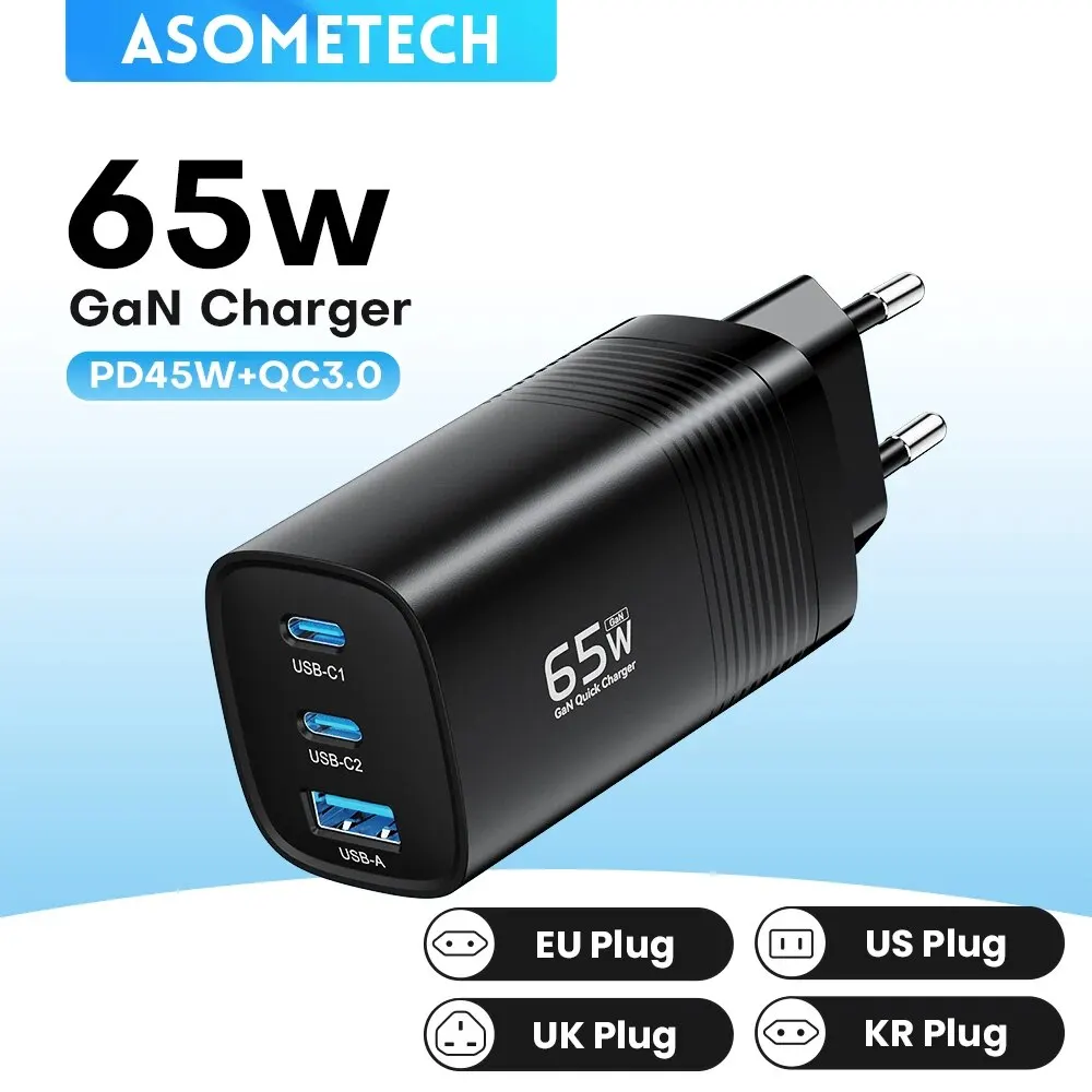 ASOMETECH GaN USB 유형 C 충전기 65W 45W PPS PD QC4.0 Macbook 노트북 IPAD 태블릿 iPhone 16 Samsung S23 Ultra 용 빠른 충전기