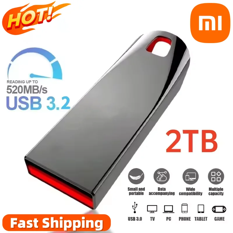 XIAOMI MIJIA 2TB USB3.2 플래시 드라이브 고속 금속 Pendrive 1TB 휴대용 Usb 드라이브 방수 Memoria 대용량 U 디스크