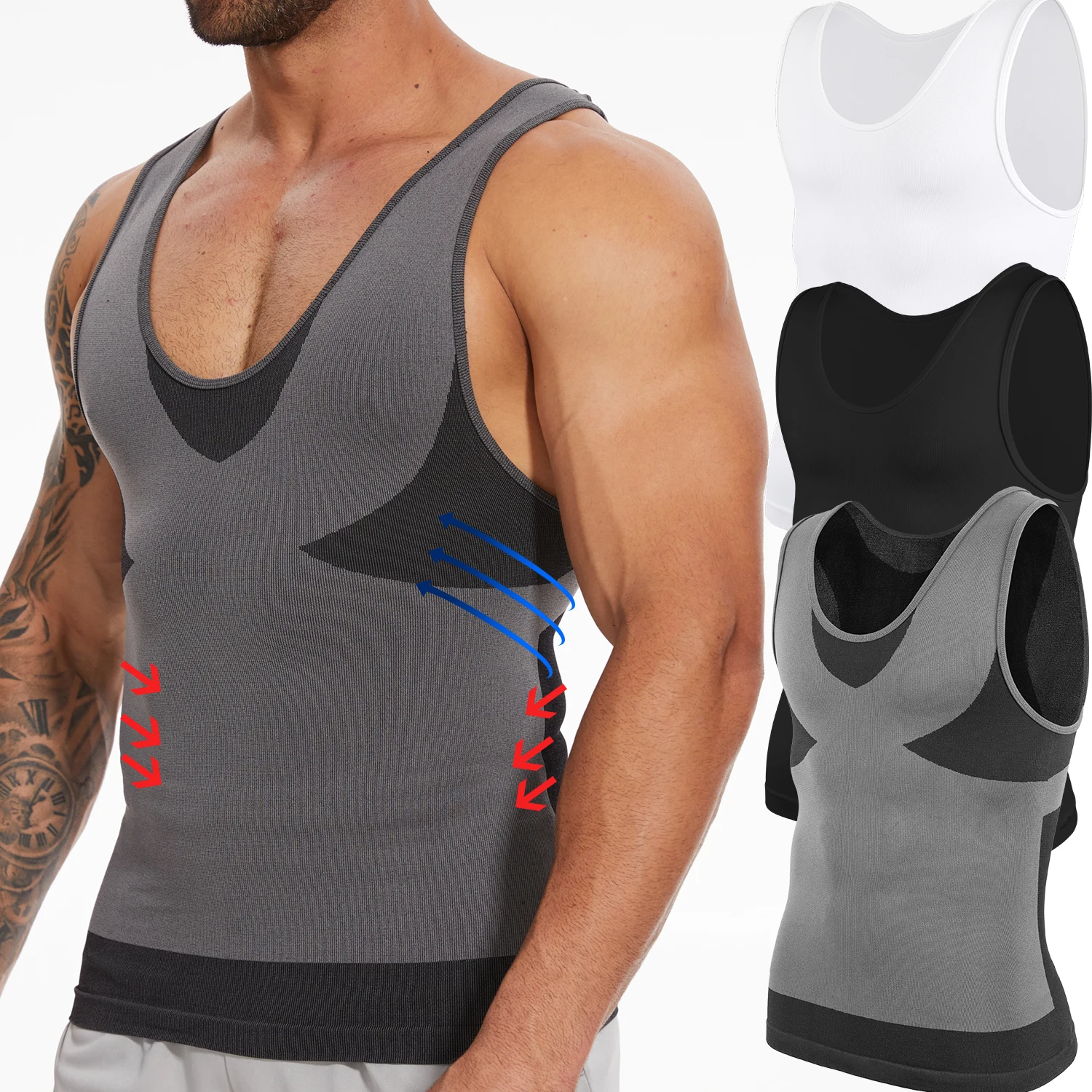 새로운 남성 Shapewear 슬리밍 바디 셰이퍼 가로 스트라이프 압축 밴드 배꼽 컨트롤 티셔츠 크로스 탄성 운동 탑