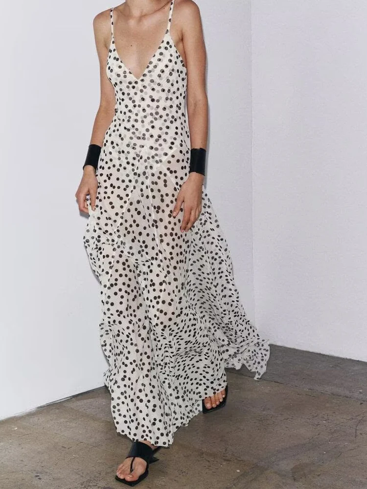 유럽과 미국 스타일의 여름 신상 여성 의류, 슬림핏 V넥 민소매 멜빵 물방울 무늬 롱 원피스